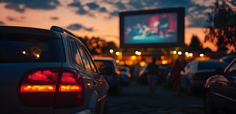 A car with red tail lights parked in a drive-in movie lot during sunset.