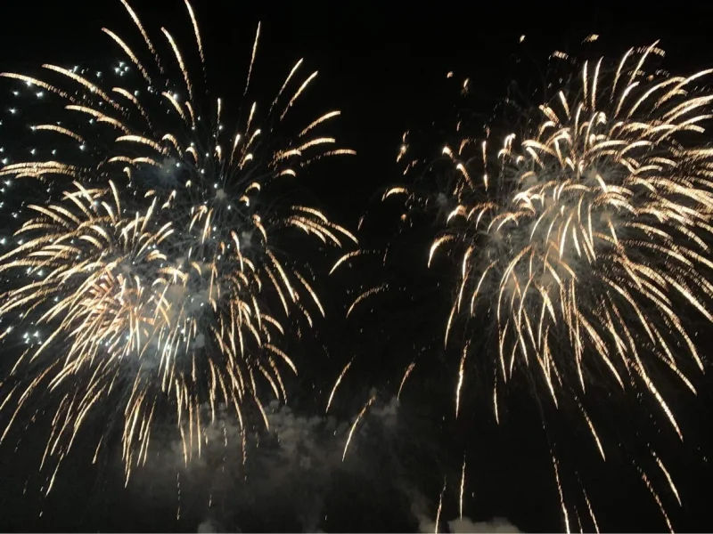 Two fireworks displays in the night sky with golden and white streaks.