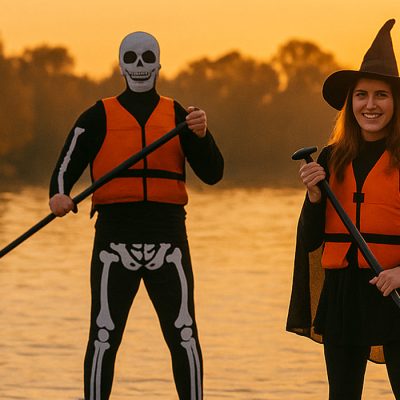 Four people in Halloween costumes paddleboard on a lake at sunset.